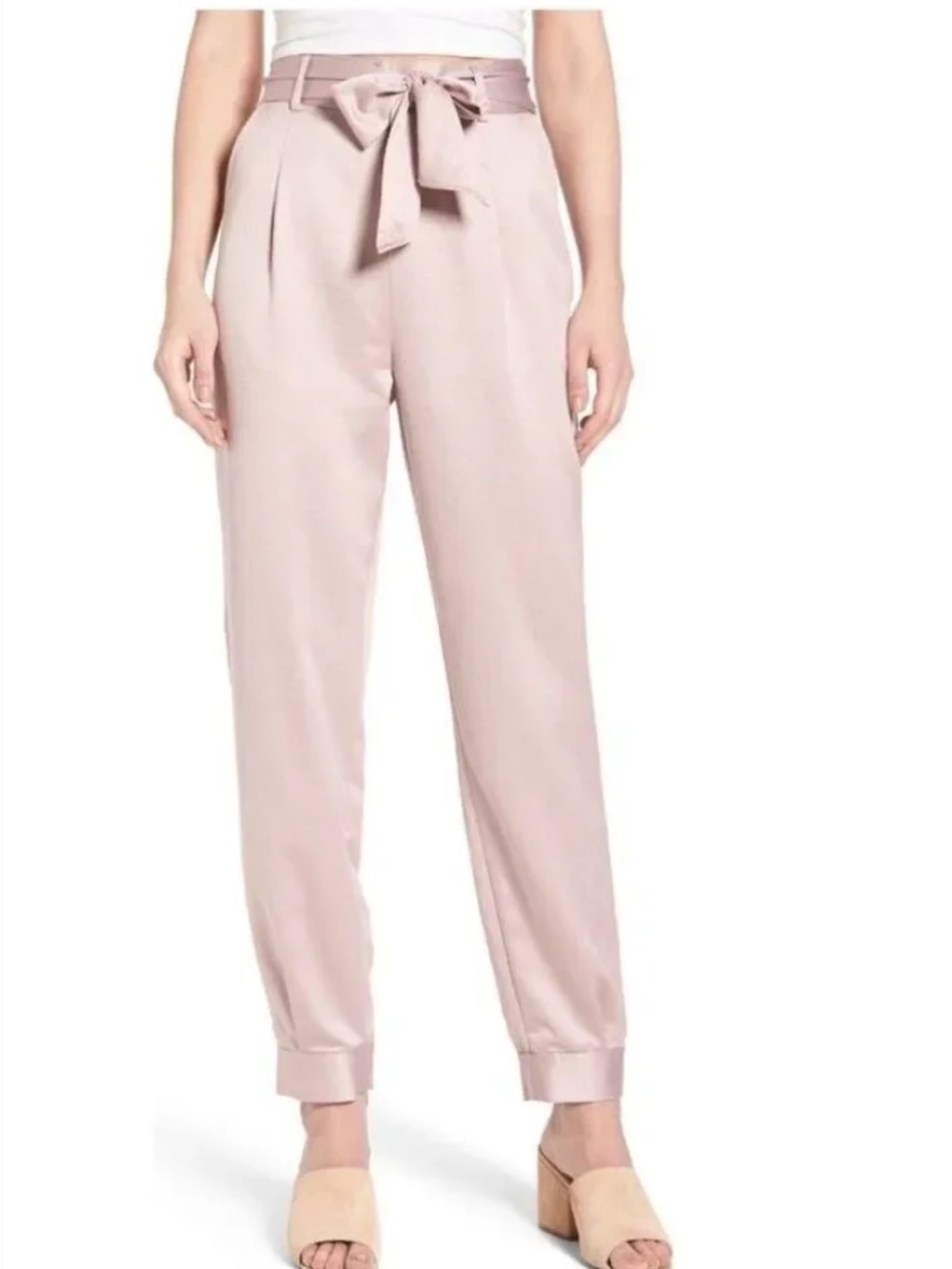 Leith High Rise Tie Waist Satin Pants with Waist Tie in Blush Pink Adobe Size M